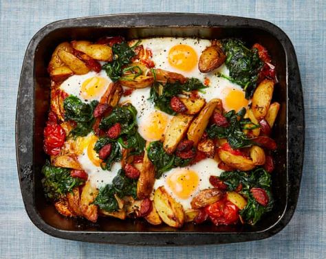 Yotam Ottolenghi’s weekend breakfast recipes | Food | The Guardian Potato Chorizo, Weekend Breakfast Recipes, Baked Beans On Toast, Yotam Ottolenghi Recipes, Brunch Bake, Chorizo And Eggs, Ottolenghi Recipes, Yotam Ottolenghi, Weekend Breakfast