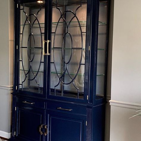 No Monday blues here! We successfully installed this curved glass on this client's china cabinet and wrapped up this project Sunday morning. It's a beautiful Henredon china cabinet from the 80s with dated details to be expected (bye bye mirror 👋). It turned out fantastic and is ready to rock n roll for another 100 years! The cabinet itself is painted in dark navy and the hardware is by @addisonweekshardware⠀  .⠀  .⠀  .⠀  .⠀  .⠀  #TheResplendentCrow #etsydecor #walltowallstyle #n Etsy Decor, Monday Blues, Curved Glass, Bye Bye, The 80s, Sunday Morning, Rock N, Dining Rooms, China Cabinet