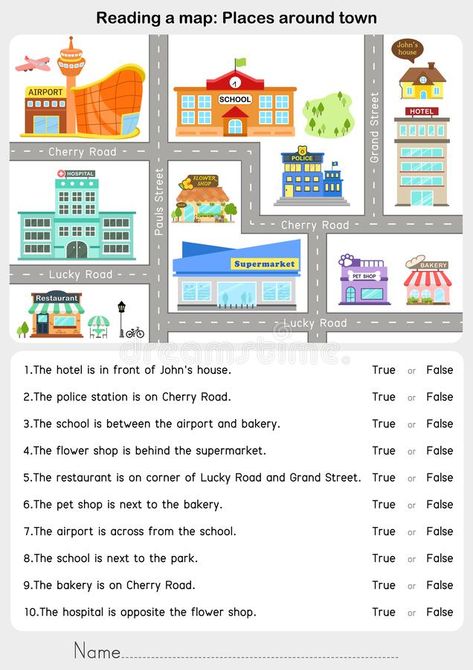 Preposition Worksheets, Map Worksheets, English Activities For Kids, Line Abstract, Map Reading, English Exercises, Teaching English Grammar, Esl Activities, Maps For Kids