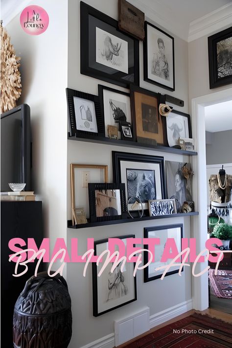 Create a gallery wall for a high-end, designer look! Antiques And Modern Decor, Picture Ledge Shelves, Ledge Shelves, Picture Ledge Shelf, Ledge Shelf, Photo Layers, Picture Ledge, Minimal Wall, Entry Table