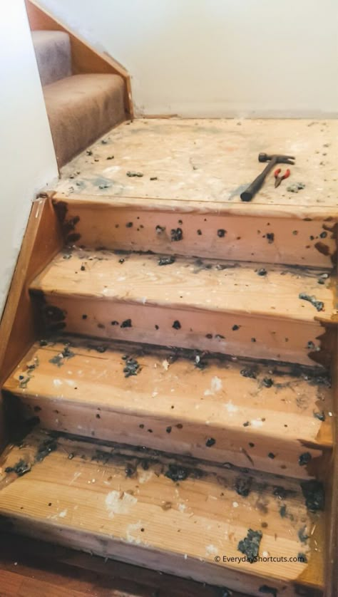 From Carpet To Wood Stairs, Unique Stairs Design, Stair Landing Flooring Ideas, Simple Stairs Renovation, Best Stairs Makeover Ideas, Easy Stairs Makeover, Diy Stairs Makeover Cheap, Staircase Remodel Diy, Stairs Remodeling