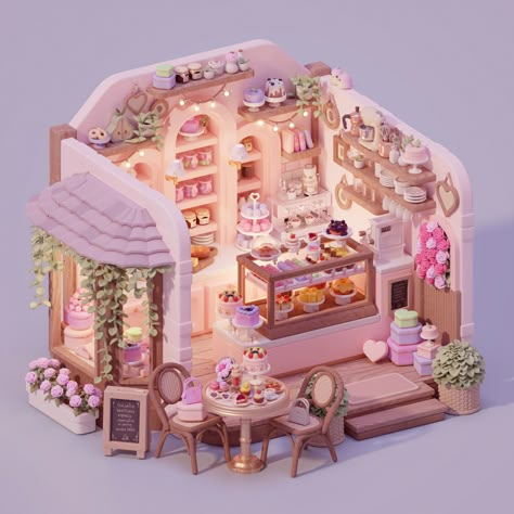 Miniature Cafe, Isometric Rooms, Pink Bakery, Isometric Room, 3d Lighting, Blender Art, Blender Ideas, Bakery Interior, Cute Bakery