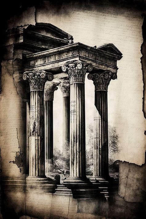 Greek Architecture Drawing, Building Tattoo, Greek Buildings, Zeus Tattoo, Greek Architecture, Greek Mythology Tattoos, Greek Temple, Roman Columns, Ancient Greek Architecture