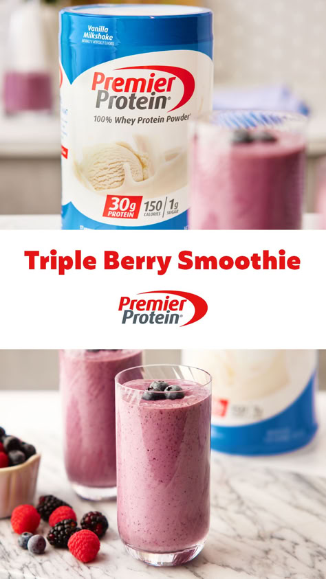 Protein Powder Fruit Smoothie, Premier Protein Powder, Premier Protein Recipes, Triple Berry Smoothie, Protein Drink Recipes, Protein Ideas, Premier Protein Shakes, Food To Gain Muscle, Fruit Smoothie Recipes Healthy