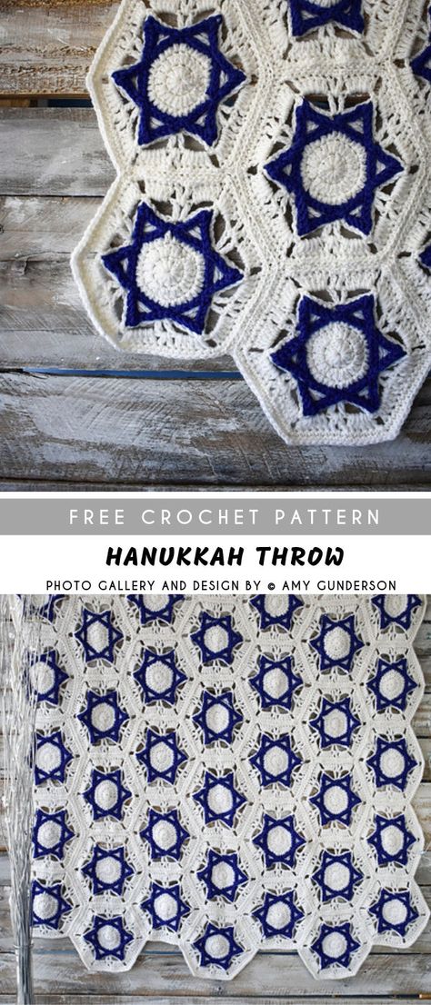 Hanukkah Crochet Throw with Free Pattern #crochetpatternsfree  #crochetblanket #throw #afghan Crochet Star Of David Free Pattern, Crochet Star Of David Pattern, Jewish Sewing Projects, Jewish Crochet Patterns Free, Crochet Star Of David, Star Of David Crochet Pattern, Crochet Menorah, Crochet Hanukkah, Hanukkah Crochet