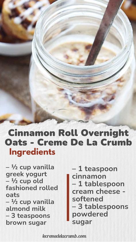 Cinnamon roll flavored overnight oats you can mix in a hurry, chill overnight, and grab on your way out the door! Perfect for cinnamon roll lovers with busy mornings! Overnight Oats Cinnamon Roll, Overnight Oats Cinnamon, Cinnamon Roll Overnight Oats, Overnight Oatmeal, Baked Oatmeal, Cinnamon Roll, In A Hurry, Overnight Oats, Powdered Milk