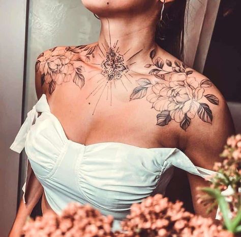 Flower Tattoo On Shoulder, Chest Neck Tattoo, Women's Shoulder Tattoo, Tattoo On Shoulder, Floral Tattoo Shoulder, Throat Tattoo, Back Of Neck Tattoo, Neck Tattoos Women, Flower Tattoo Shoulder