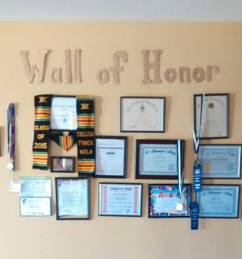 Wall Of Certificates Decor, Awards Wall Display Ideas, Wall Of Fame Ideas Home, Degree Wall Display Ideas, Achievement Wall Display Ideas, Wall Of Honor Ideas, Certificate Wall Display Ideas, Accomplishment Wall, Achievement Wall