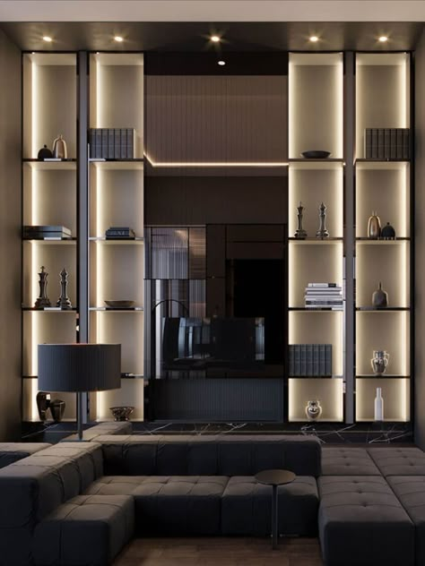 Luxury Bookcase, Dubai Interior Design, Shelving Design, Tv Wall Design, Interior Wall Design, Interior Design Companies, Shelf Design, Office Interior Design, Office Interior