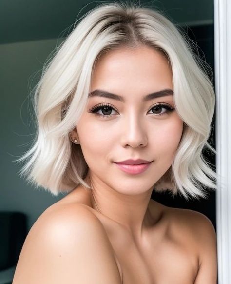 Short Platinum Blonde Hair Asian, Platinum Asian Hair, Makeup For Platinum Blonde Hair, Asian Platinum Blonde Hair, Platinum Blonde Hair Asian, Asian With Blonde Hair, Bleached Short Hair, Platinum Blonde Hair Short, Platinum Short Hair