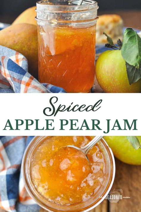 Fresh from the orchard! Preserve the best of autumn with a batch of spiced apple pear jam. This thick, sweet homemade jam is a beautiful combination of fall fruits and subtle warm spices like ginger and cinnamon. Serve it on toast, add a dollop on warm biscuits, or share the jars as holiday gifts for friends and neighbors. Canning Pears, Holiday Gifts For Friends, Pear Preserves, Christmas Jam, Pear Jam, Jam Recipes Homemade, Canning Jam, Apple Jam, Homemade Applesauce