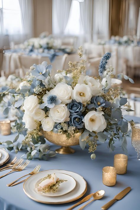 Dusty blue, white and gold wedding table centre piece. An elegant wedding table setup, with a dusty blue table cloth, white and blue flowers and gold details.

#dustyblueandgoldwedding #dustyblueandgoldweddingtheme #dustyblueandgoldweddingideas #dustyblueandgoldweddingdecor #dustyblueandgoldweddingreception #dustyblueandgoldweddingstyle #goldwedding #goldweddingdecor #elegantwedding #elegantweddingdecor White And Gold Wedding Table, Blue White And Gold Wedding, Dusty Blue Table, Blue Table Cloth, Wedding Table Setup, Elegant Wedding Table, White And Gold Wedding, Tiffany Blue Wedding, White And Blue Flowers