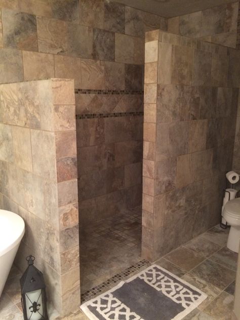 Long Walk In Shower No Door, 4x6 Walk In Shower Ideas, Corner Walk In Shower No Door, Shower Without Glass Door, Open Shower Ideas Walk In No Door, Shower Without Door, No Door Shower Ideas, Walk In Shower With Wall No Door, Sliding Door Makeover