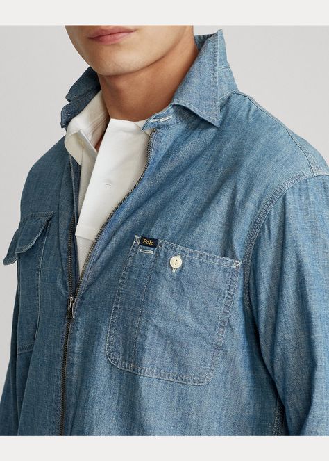 Chambray Full-Zip Overshirt Gentleman Fashion, Button Outfit, Rugged Look, Indigo Dye, Chambray, Shirt Jacket, Denim Button Up, Polo Ralph, Gentleman