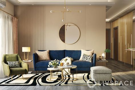 Blue Couch Color Scheme, Colour Theme For Living Room, Styling Blue Couch, Blue Sofa Living Room Tv Unit, Blue Sofa Living Room Color Combinations Panel, Living Room Theme Ideas, Blue Themed Living Room, Blue Drawing Room Interior Design, Modern Living Room Blue Velvet Sofa