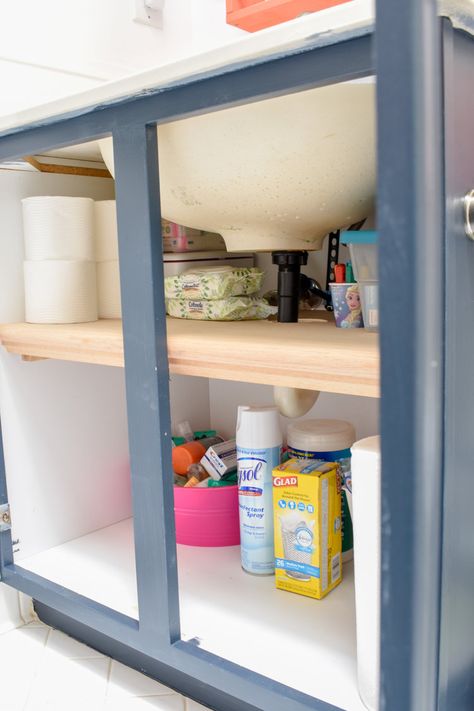 Under Bathroom Sink Cabinet Storage: How To Add A Shelf Inside Your Vanity In Under 20 Minutes And For Less Than $20! Under Cabinet Bathroom Storage, Cabinet Bathroom Storage, Under Sink Shelf, Under Bathroom Sink, Bathroom Organizing, Cheap Organization, Vanity Shelves, Bathroom Sink Cabinets, Sink Shelf