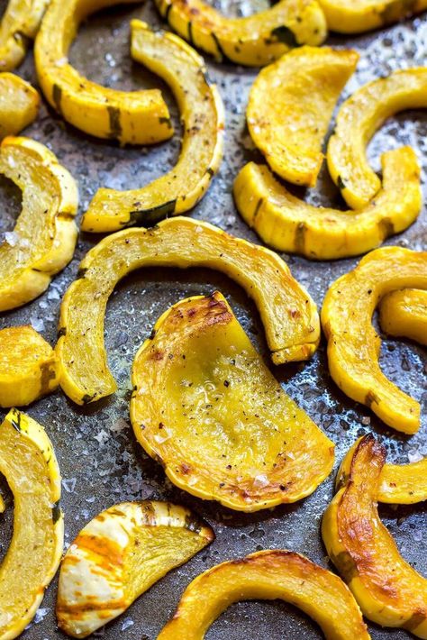 Roasted Delicata Squash Recipe - squash recipe - recipes squash - delacata squash recipes - delicata squash recipes - delicate squash recipes - healthy squash - vegan recipes - whole30 vegan - side dish ideas - whole30 side dishes - easy side dishes - dinner side - side dishes paleo Baked Delicata Squash Recipe, Delicata Squash Roasted, Squash In Oven, Healthy Squash Recipes, Delicata Squash Recipe, Roasted Delicata Squash, Winter Squash Recipes, Paleo Sides, Baked Squash