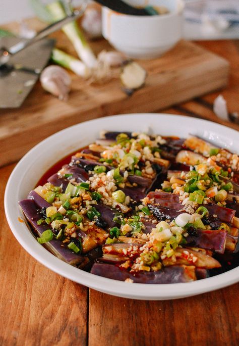 Steamed Chinese Eggplant with Spicy Lao Gan Ma | The Woks of Life Chinese Eggplant Recipes, Steamed Eggplant, Asian Veggies, Cold Appetizer, Gluten Free Chinese, Chinese Eggplant, Cooking Eggplant, Wok Of Life, Woks Of Life