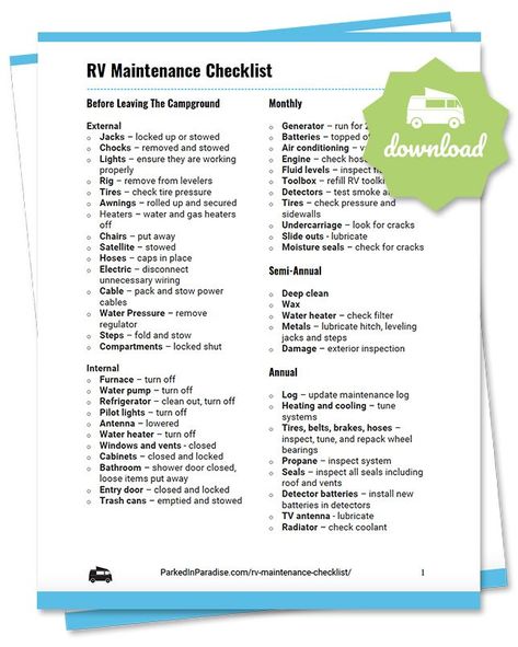 Printable rv maintenance checklist for motorhomes, 5th wheel campers, and travel trailers. Interior and exterior maintenance advice to do before leaving the campground, on a weekly, monthly, and yearly basis. Works for both RV full timers and seasonal campers Rv Living Checklist, Camper Maintenance Checklist, Rv Maintenance Checklist, Rv Checklist Free Printable, Camper Checklist, Motorhome Life, Rv Cleaning, Motorhome Living, Rv Checklist