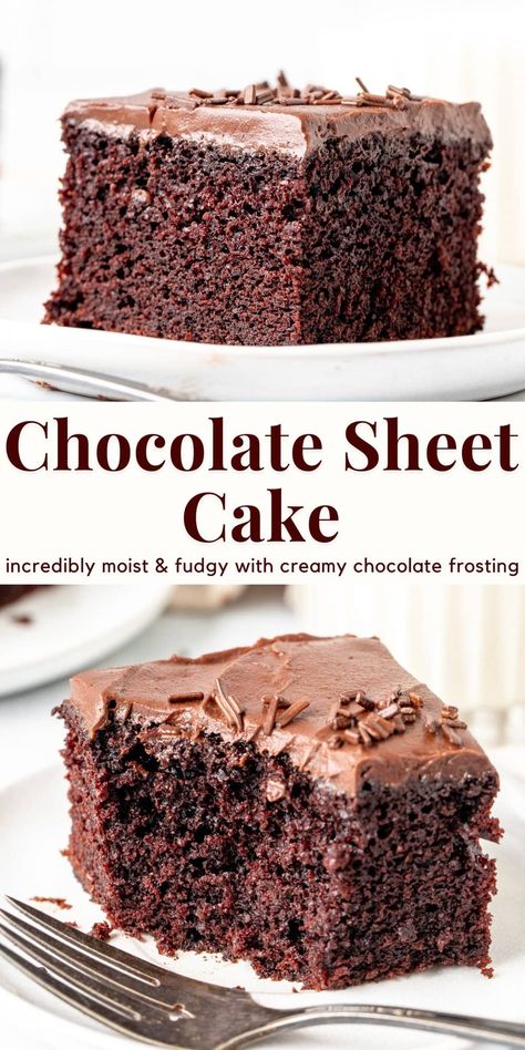 This easy chocolate sheet cake is moist, fudgy, and way better than any box mix. Top it with chocolate buttercream, your favorite frosting or a scoop of ice cream. It's made with simple, everyday ingredients and baked in a 9x13 inch pan. Perfect for birthdays, potlucks or whenever you need a simple chocolate cake! #chocolatecake #chocolatesheetcake #chocolate #sheetcake #easychocolatecake from Just So Tasty Chocolate Cake Using Coffee, Chocolate Sheet Pan Cake, Simple Birthday Sheet Cake Ideas, Home Made Chocolate Cake Recipes, Chocolate Cake Recipe Without Coffee, Chocolate Sheet Cake Decoration, Easy Chocolate Sheet Cake, 9x13 Desserts, Chocolate Sheet Cake Recipe