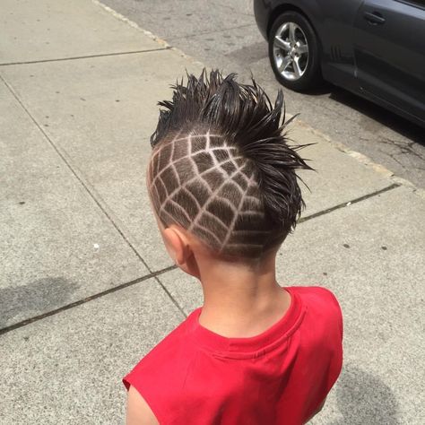 Spider web hair boy’s barber Rock Star Hair For Kids Boys, Boys Halloween Hair, Spider Man Haircut, Boys Haircut Mohawk, Spikey Mohawk, Spider Web Haircut, Mohawk For Boys, Spiderman Haircut, Kids Mullet Haircut