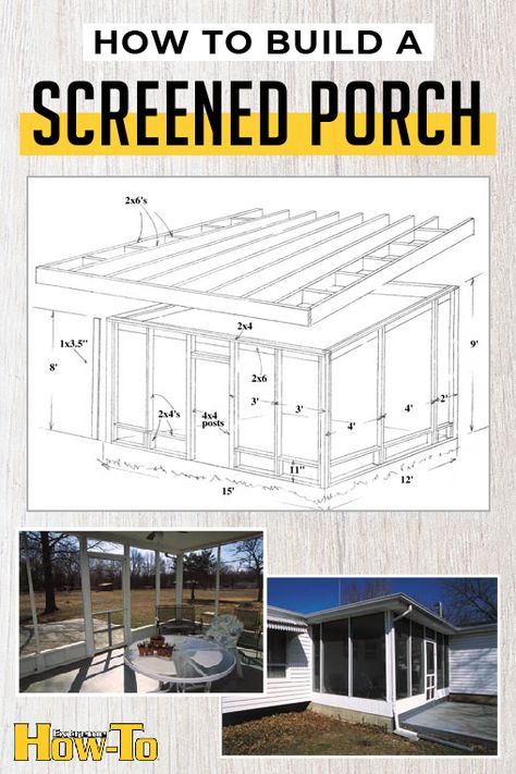 Porch Screened In, Screened In Porch Diy How To Build, Screened In Porch Design Plans, Diy All Season Porch, How To Build Screened In Porch, Porch Plans How To Build, Building A Screened In Porch, Screen Porch Plans, Lean To Screened In Porch