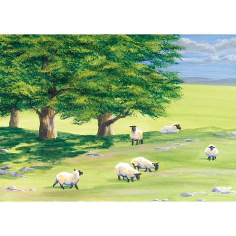 Painting Sheep Acrylic, Sheep Landscape Painting, Animal Landscape Painting, Painted Sheep, Ireland Painting, Sheep Drawing, Sheep Grazing, Easy Landscape Paintings, Sheep Paintings