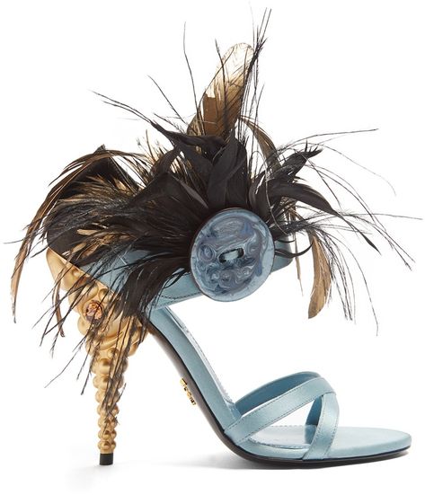 PRADA Feather-embellished satin sandals #crazyshoes Feather Shoes, Feather Sandals, Blue Leather Sandals, Feather Heels, Satin Sandals, Leather Footwear, Embellished Shoes, Satin Shoes, Strappy Shoes