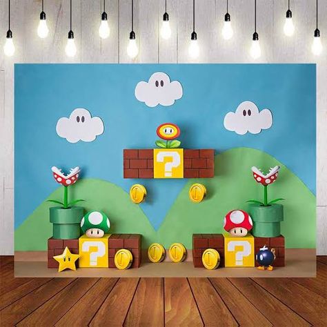 Mario Party Background, Mario Bros Diy Party, Mario Photoshoot, Super Mario Background, Super Mario Backdrop, Mario Backdrop, Game Night Decorations, Super Mario Room, Super Mario Brothers Birthday