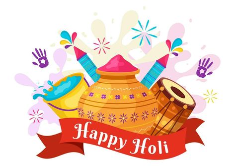 Happy Holi Festival Vector Illustration with Colorful Pot and Powder In Hindi in Colors Celebration Flat Cartoon Background Design Holi Illustration, Cartoon Background Design, Happy Holi Festival, Holi Festival, Happy Holi, Cartoon Background, Logo Banners, Cityscape Photos, Custom Illustration