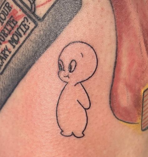 Childlike Tattoos, Casper The Ghost Tattoo, The Ghost Tattoo, Zzz Tattoo, Casper Tattoo Ideas, Sum Tattoos, Teletubbies Tattoo Minimal, Funny Ghost Tattoo Ideas, Cartoon Ghost Tattoo