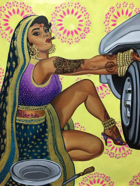 Feminist Artist, Feminism Art, Indian Illustration, Tire Change, Indian Art Paintings, Feminist Art, Pin Up Art, Artist Paint, Vintage Pinup