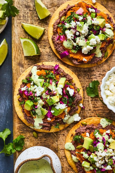 Bean Tostadas, Kale Slaw, Refried Bean, Cilantro Lime Dressing, Mashed Sweet Potatoes, Plant Based Eating, Refried Beans, Vegetarian Meals, Meatless Meals