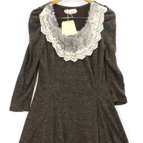 A'reve Women's Gray Knit Lace Peter Pan Collar Long Sleeve Dress Size M Nwt Outfit Inso, Mori Kei, Knit Lace, Pan Collar, Lace Knitting, Peter Pan Collar, Peter Pan, Sleeve Dress, Brown And Grey