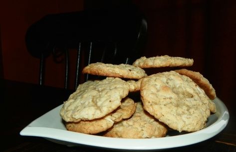 Coconut Oatmeal Cookies. Similar to a traditional Anzac biscuit but with eggs and a few more changes. Coconut Oatmeal Cookies Recipes, Coconut Oatmeal Cookies, Oatmeal Coconut Cookies, Coconut Oatmeal, White Chocolate Cookies, Oatmeal Cookie Recipes, Grand Daughter, Coconut Cookies, Cookie Bar Recipes