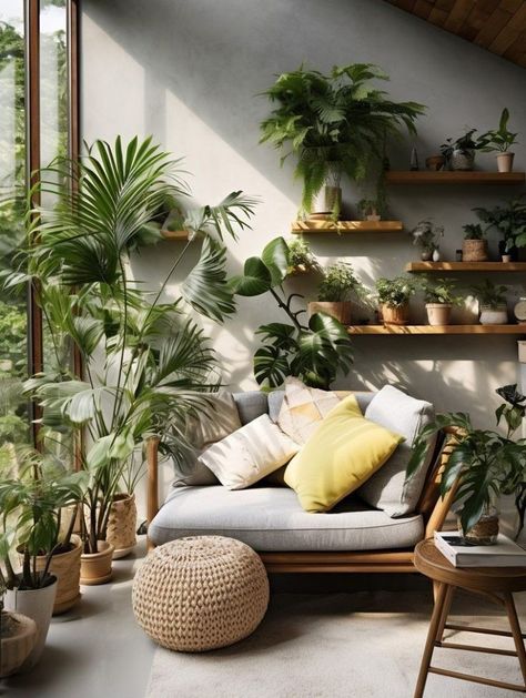 Biophilic Design Small Apartment, Minimal Bedroom With Plants, Zen Room With Plants, Biophilic Interior Design Bedroom, Green Oasis Interior, Biophilic Apartment, White Room With Plants, Biofilia Interior Design, Organic Design Interior