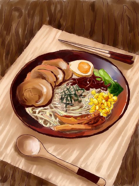 Japanese Food Illustration, Studying Food, Foodie Art, Food Sketch, Food Cartoon, Food Illustration Art, Japanese Ramen, Draw Illustration, Cute Food Art