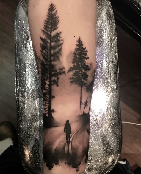 Forest and silhouette by Lou Bragg Forest Line Tattoo, Forest Animal Tattoos For Women, Silhouette Tattoos Men, Path Tattoo, Forest Tattoo Design, Forest Tattoo Sleeve, Silhouette Forest, Natur Tattoo Arm, Tree Tattoo Men