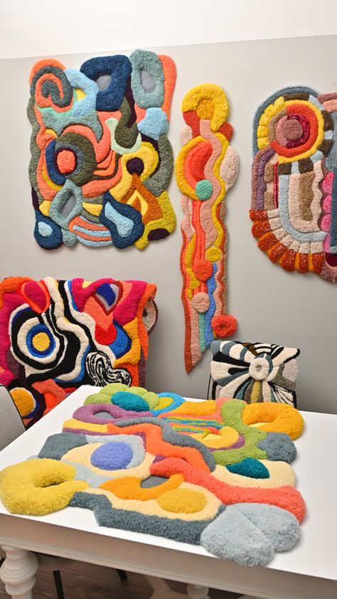 An artist works in her studio, surrounded by tactile and vibrantly saturated wall hangings. Caroline Kaufman Tufted Art, Tufted Rug Portrait, Charles Michael Davis, Everything Is Possible, Textile Artist, Textile Fiber Art, Ncis, Fairy Land, Actor Model