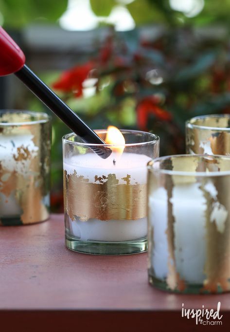 Gold Candle, Gold Leaf Candles Diy, Candle Decorations Diy, Votives Diy, Diy Gold Votive Candle Holders, Gold Leaf Candle Making, Diy Natural Candles, Gold Candle Spell, Gold Leaf Candle