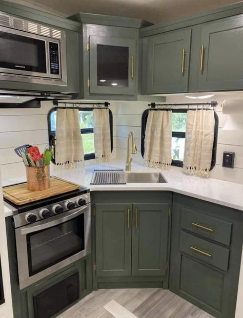 Green Cabinets In Camper, Farmhouse Trailer Remodel, Coachmen Camper Remodel, Renovated Camper Kitchen, Sage Green Rv Interior, Trailer Life Aesthetic, Sage Green Camper Interior, Kitchen Trailer Ideas, Green Camper Cabinets