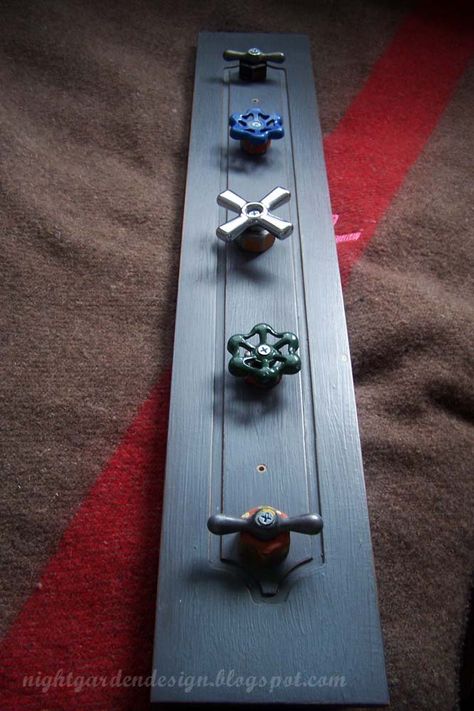 Night Garden Blog: repurposed faucet handle coat racks & tool racks Repurposed Towel Rack, Upcycled Coat Rack, Upcycle Coat Hangers, Railroad Spikes Crafts Cabinet Hardware, Vintage Doors Repurposed, Door Repurposed, Railroad Spike Coat Hook, Diy Coat, Tool Rack