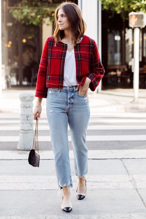 Plaid Jacket Outfit, Tweed Jacket Outfit, Red Plaid Jacket, Outerwear Trends, Outfits To Copy, Monochrome Outfit, The Everygirl, Leopard Print Jacket, Jacket Outfit