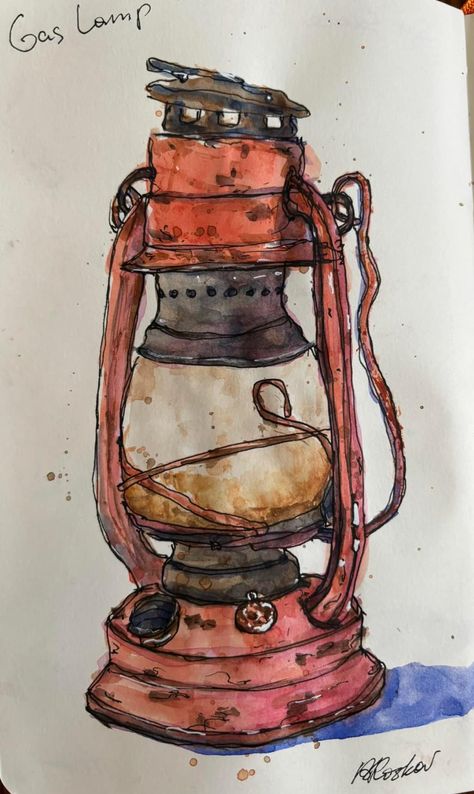 Old Lamp Drawing, Lamp Sketch, Lamp Drawing, Acrylic Inspiration, Gas Lamp, Watercolor Sketching And Journaling, Old Lamps, Ink And Watercolor, Watercolor Landscape Paintings