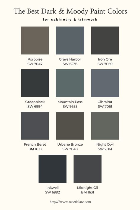 Dark Wall White Cabinets, Trim For Dark Walls, Dark Wall Dark Trim, Dark Neutral Color Palette Bedroom, Best Dark Cabinet Paint Colors, Dark Island Paint Colors, Dark Interior Colors, Light Cabinets Dark Walls, Dark Colors For Bathroom