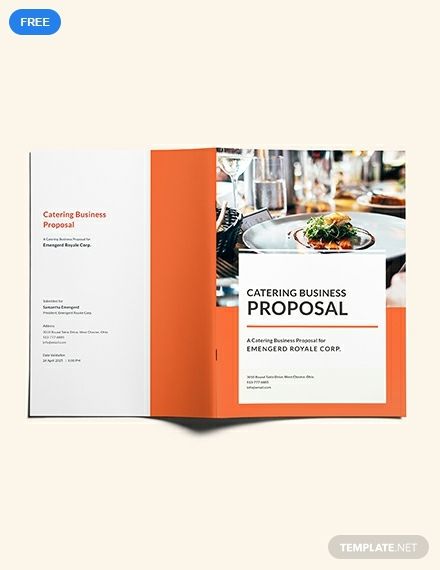 An eye-catching business proposal template you can download for free. Get clients and investors interested in your catering business with the use of high-quality layout, photos, and graphics. It is easy to edit and fully customizable. Food Proposal, Booklet Ideas, Free Business Proposal Template, Cover Header, Event Checklist, Free Proposal Template, Business Proposal Sample, Brochure Food, Flyers Template