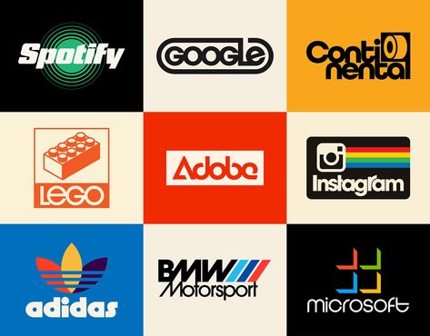 Famous logos reimagined in retro style Retro Type Logo, Retro Brand Design, Famous Brands Logo, Music Label Logo, Artist Logo Ideas, 90s Internet, Retro Website, Retro App, Retro Logo Inspiration