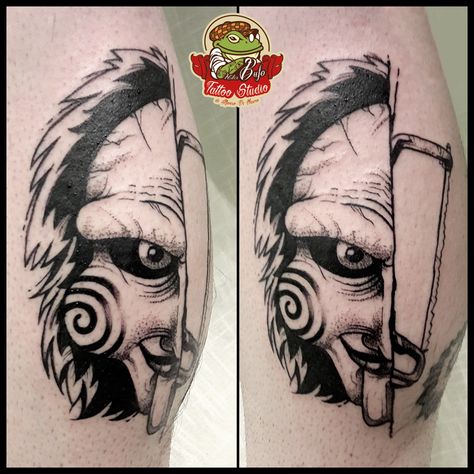 Jigsaw mask tattoo for a bad guy #tattoos #tattooed #sawtattoodesign #jigsaw #jigsawepic #saw #horror #horrormovies #horrorart #horrorfan #dotwork #dotworktattoo #dotworkers #dotworkartist #horrortattoo #blackwork #blackworkers #blackworktattoo Saw Tattoo Jigsaw Stencil, Saw Tattoo Horror, Billy The Puppet Tattoo, Saw Movie Tattoo Ideas, Jigsaw Tattoo Design, Saw Movie Tattoo, Saw Tattoo Jigsaw, Naomi Tattoo, Jigsaw Drawing