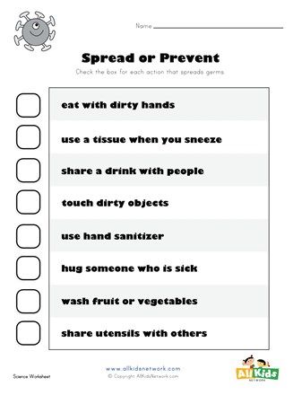 Check off all the items that will spread germs. Germs For Kids, Kids Hygiene, Printable Activities For Kids, Science Worksheets, Seasonal Crafts, All Kids, Printable Activities, Worksheets For Kids, Educational Activities