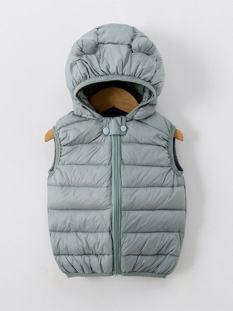 Green Casual  Sleeveless Polyester Plain Puffer  Non-Stretch Winter Toddler Girls Clothing Hooded Puffer Vest, Bubble Coat, Puff Jacket, Vest Coat, Down Vest, Winter Coats, Toddler Girl Outfits, Puffer Vest, Girls Clothing